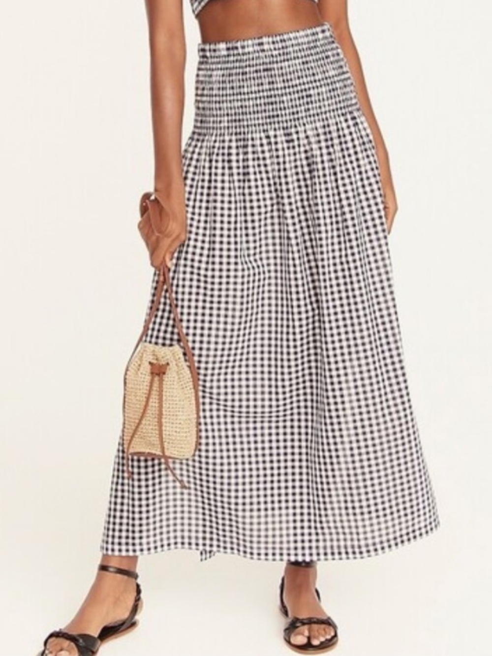 J. Crew Cotton Voile Smocked Skirt White Navy Blue Gingham Organic Cotton